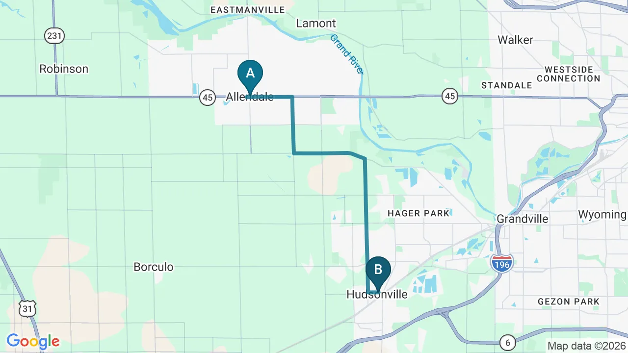 Driving directions map from Allendale, MI to True North Chiropractic Center in Thief River Falls