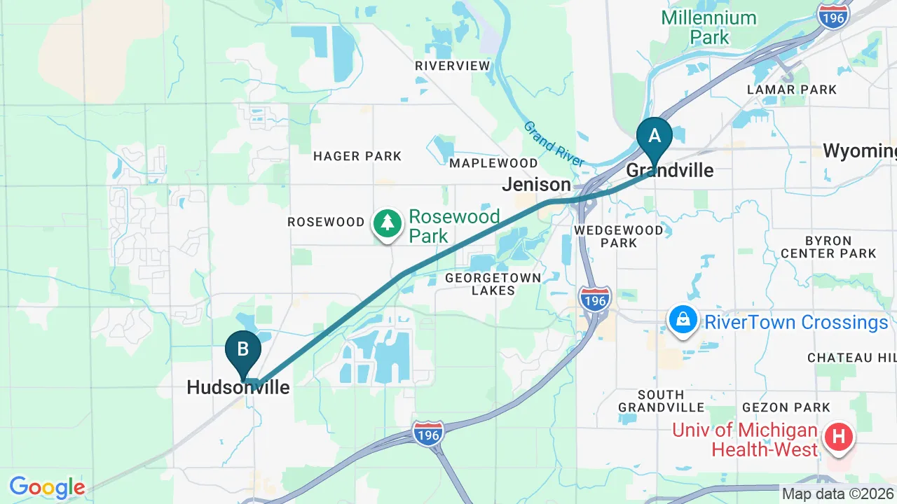 Driving directions map from Grandville, MI to True North Chiropractic Center in Thief River Falls